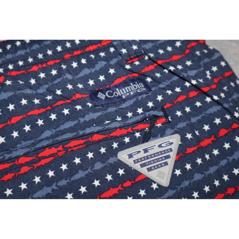 Columbia PFG Swim Shorts Mens Large Blue Stars Shark Performance Fishing Gear